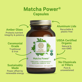 PURE SYNERGY Matcha Power bottle back panel with purity and nutrient notes