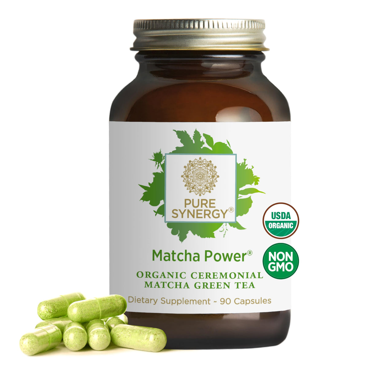 PURE SYNERGY Matcha Power bottle front showing ceremonial-grade capsules for clean energy