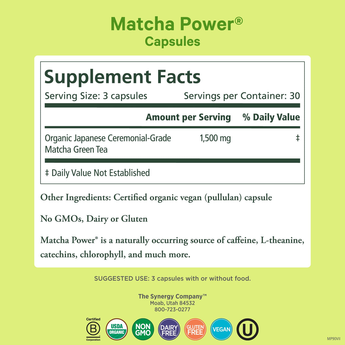 PURE SYNERGY Matcha Power capsules close-up highlighting easy daily energy support