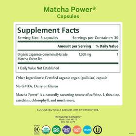 PURE SYNERGY Matcha Power capsules close-up highlighting easy daily energy support