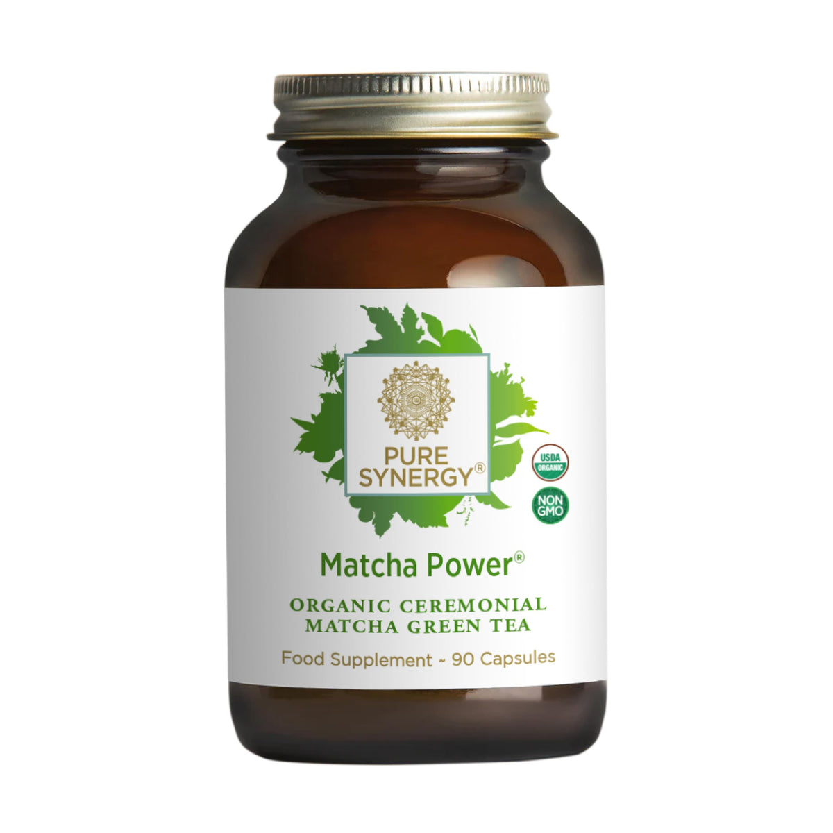 PURE SYNERGY Matcha Power label close-up emphasizing certified organic ceremonial grade