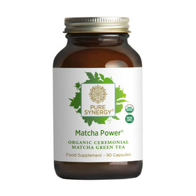 PURE SYNERGY Matcha Power label close-up emphasizing certified organic ceremonial grade