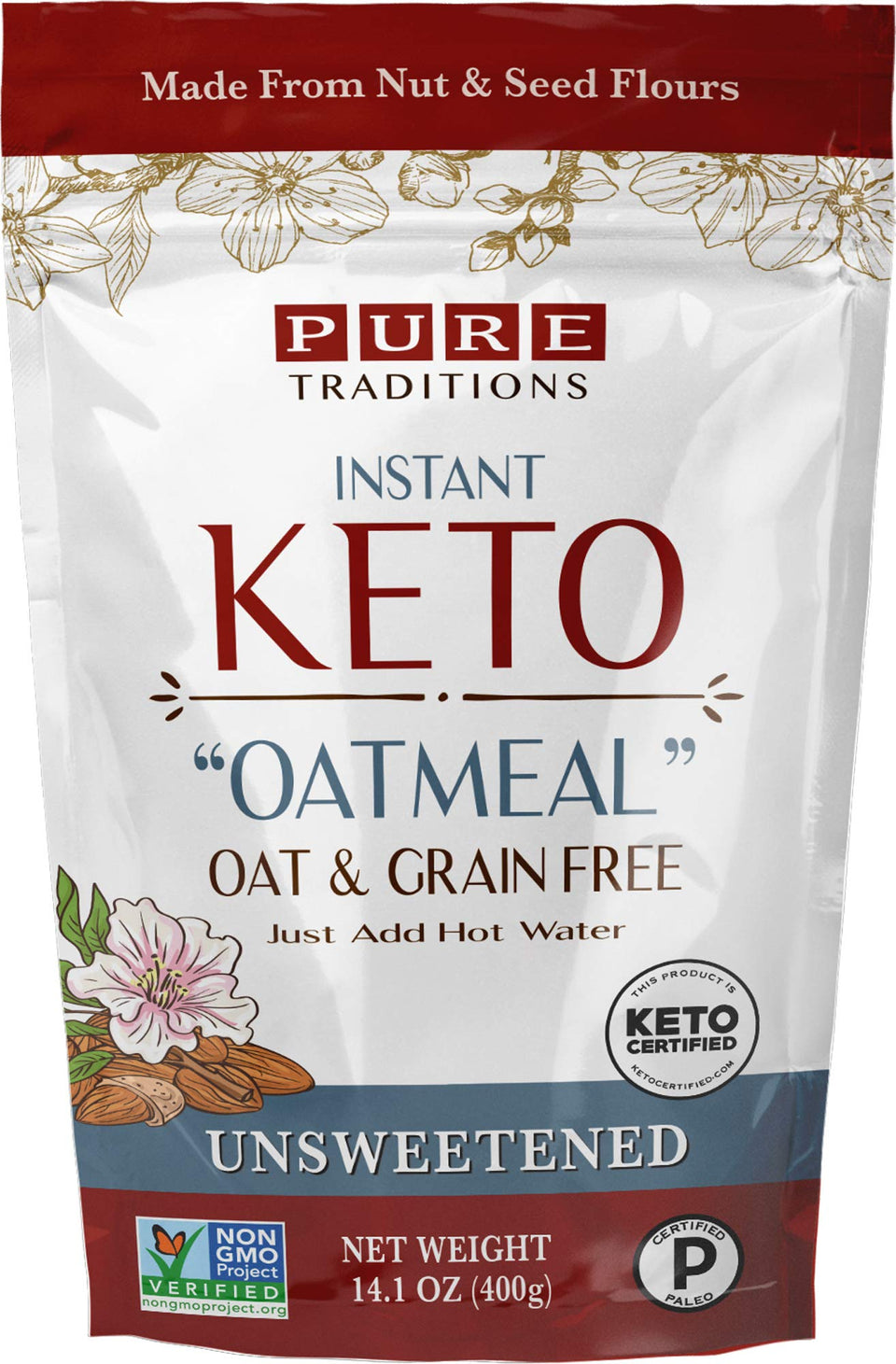 Pure Traditions Keto Oatmeal instant pack ready in minutes for a quick breakfast.