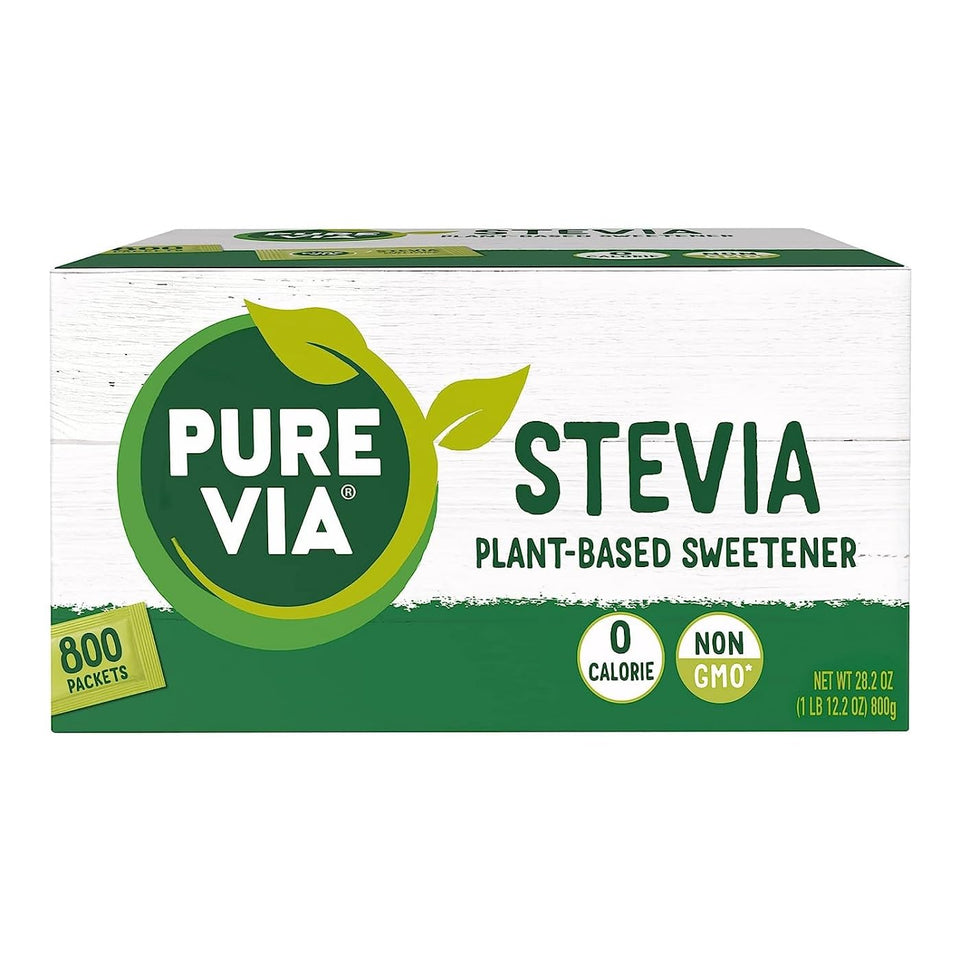 Pure Via stevia bottle pour for beverages with zero calories.