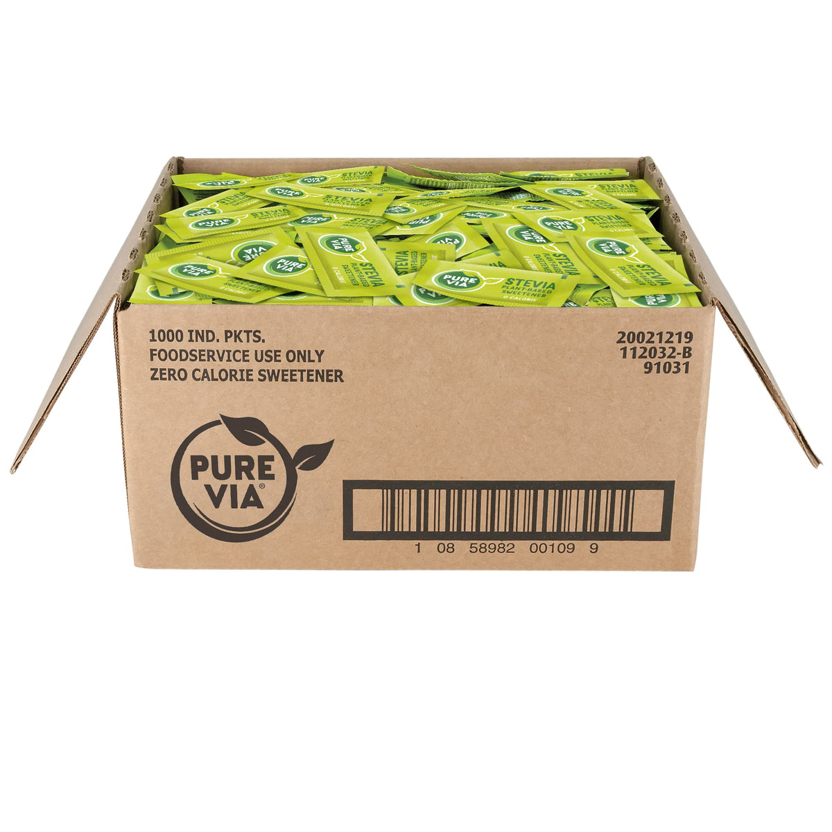 Pure Via stevia packets carton close-up, ideal for offices and break rooms.
