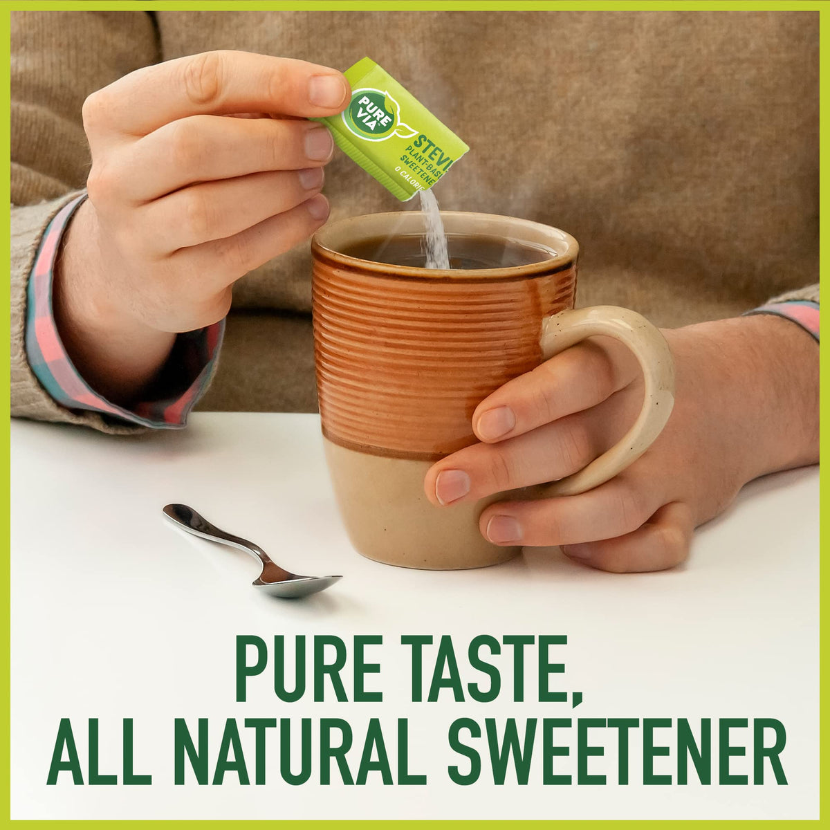 Pure Via stevia packets packaging close-up highlighting Non-GMO formulation.