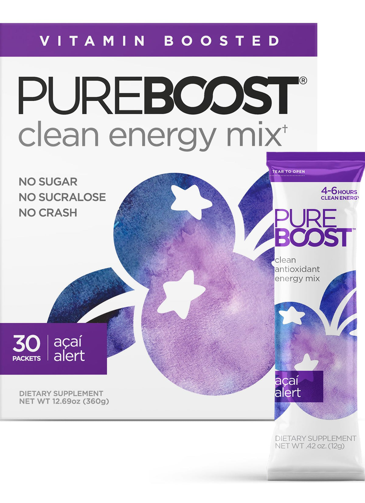 Pureboost Acai Alert packets ready to mix for a clean energy boost