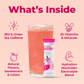 Pureboost Berry Boost glass with prepared drink illustrating refreshing hydration