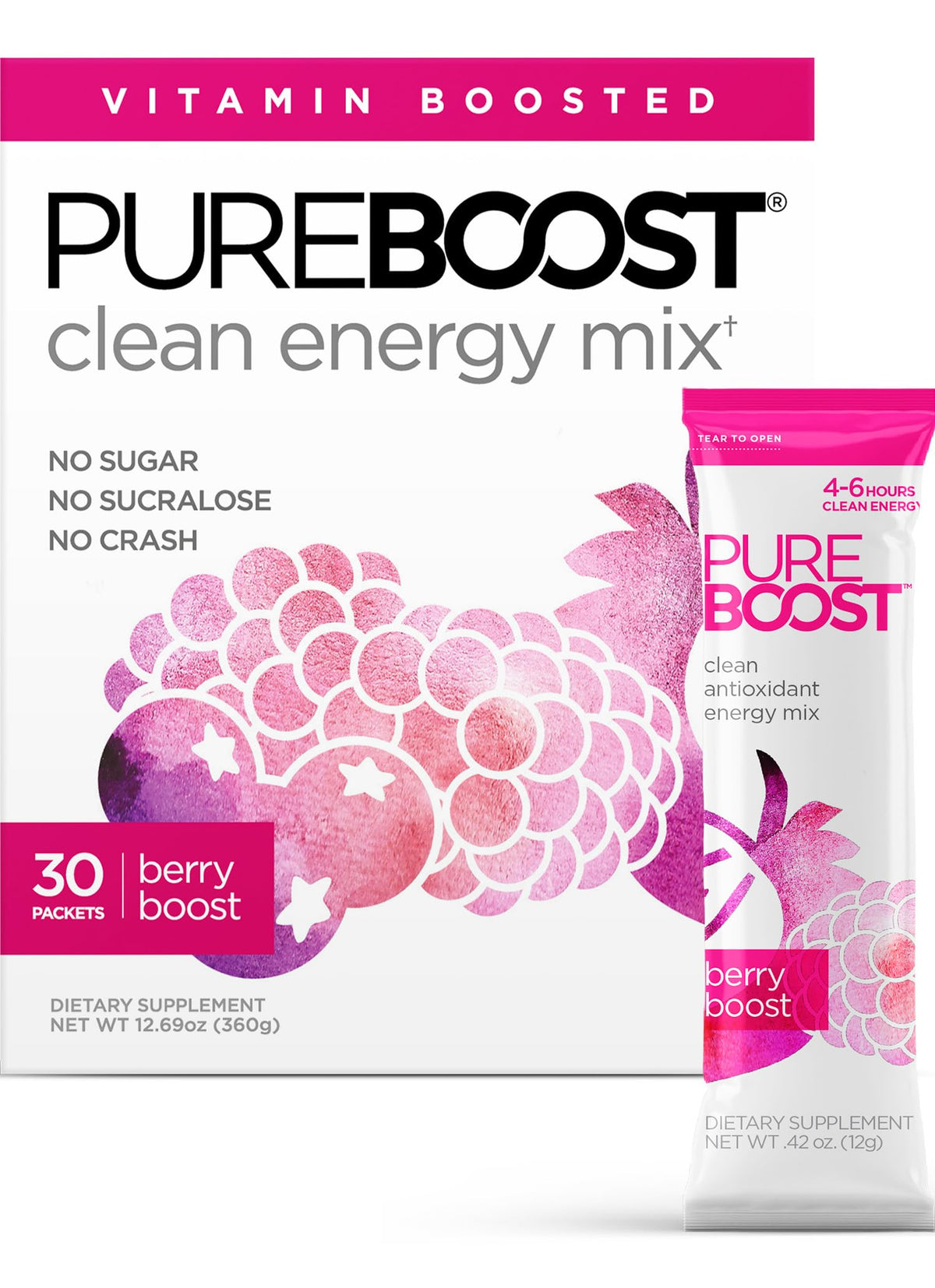 Pureboost Berry Boost packet for convenient on-the-go energy