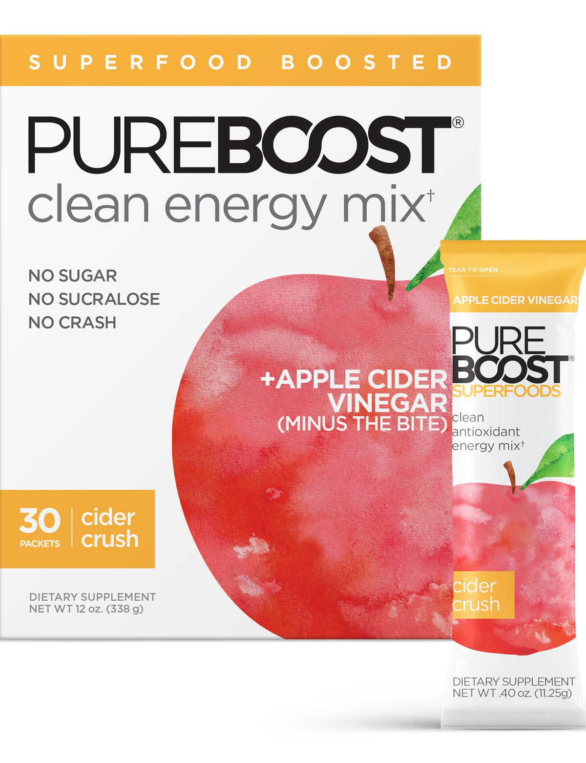 Pureboost Cider Crush pack front shows a sugar-free energy boost.