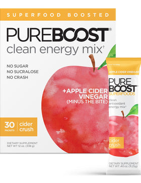 Pureboost Cider Crush pack front shows a sugar-free energy boost.