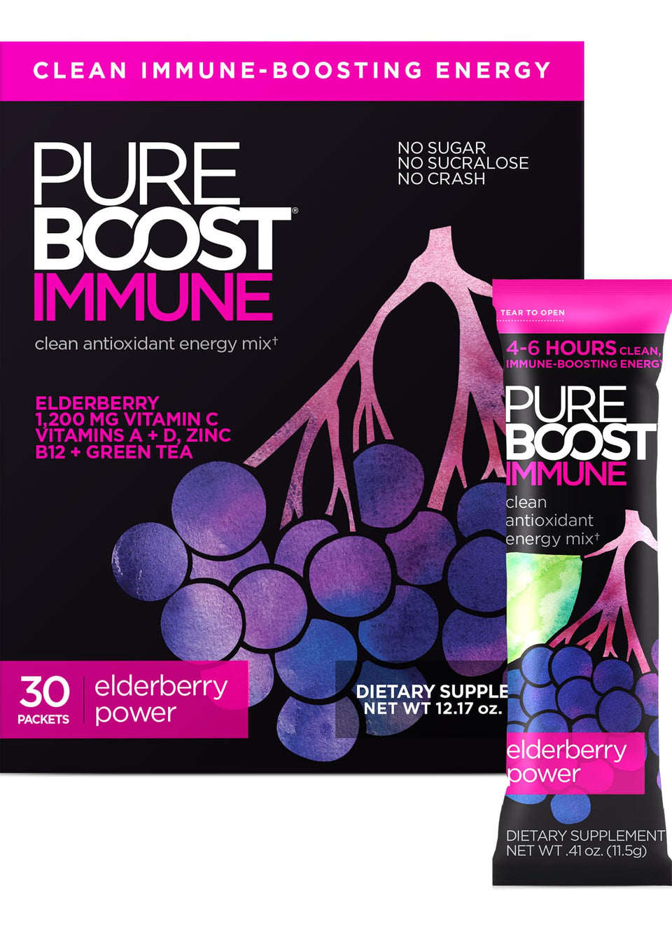 Pureboost Elderberry Power bottle showing sugar-free energy and immune-support blend