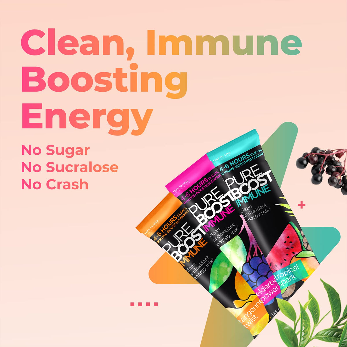 Pureboost elderberry and vitamin C blend highlights immune-friendly ingredients.