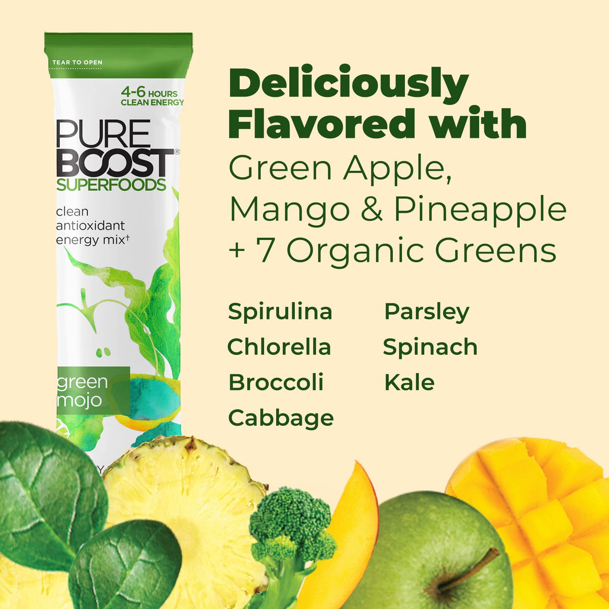 Pureboost Green Mojo front label highlights organic greens and natural flavors
