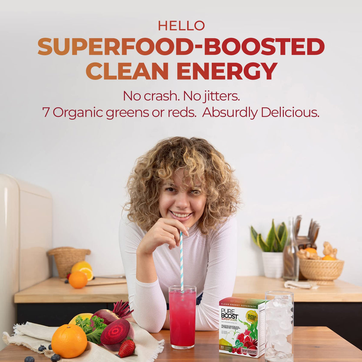 Pureboost Green Mojo 30-count packet front, sugar-free energy option for keto and vegan diets