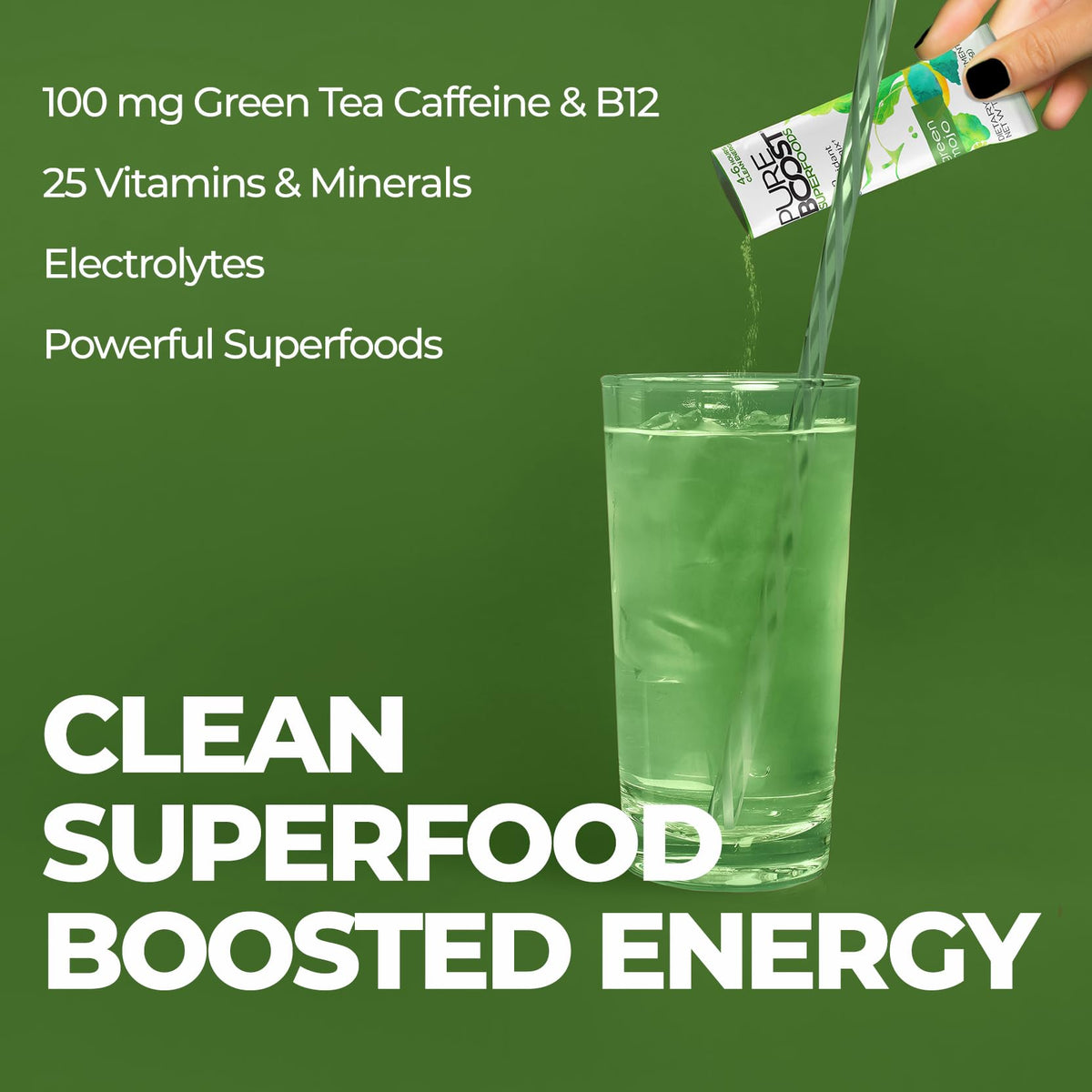 Pureboost green mojo bottle highlighting organic greens for daily wellness