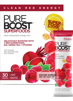 Pureboost Red Burst packet close-up showing sugar-free energy benefits