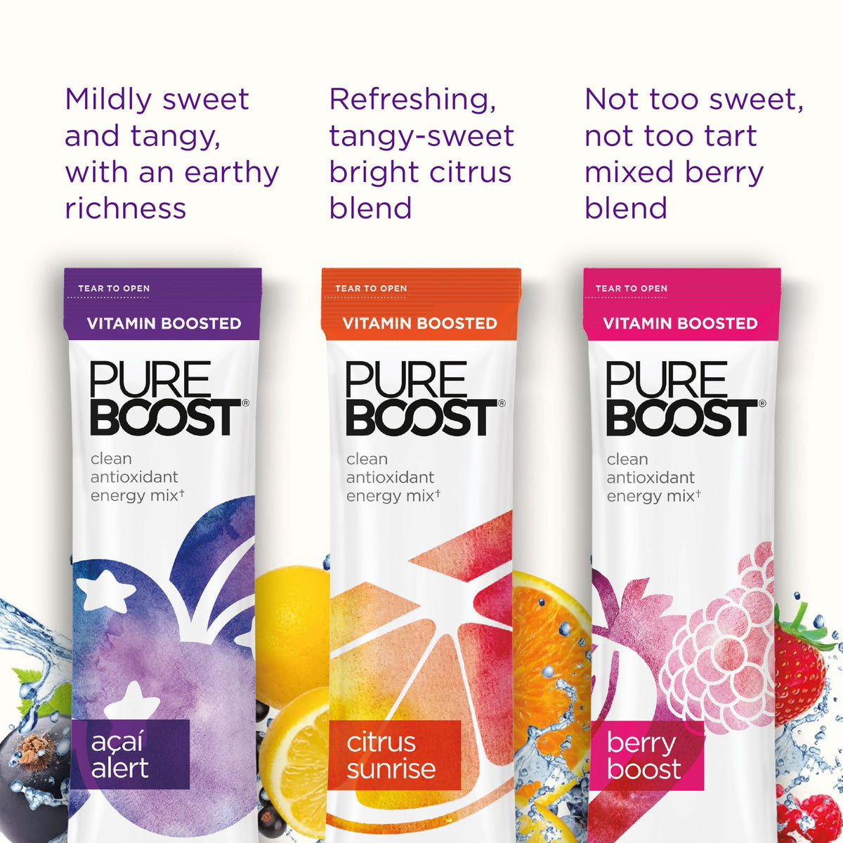 Pureboost single-serve packets being poured into water for quick hydration.
