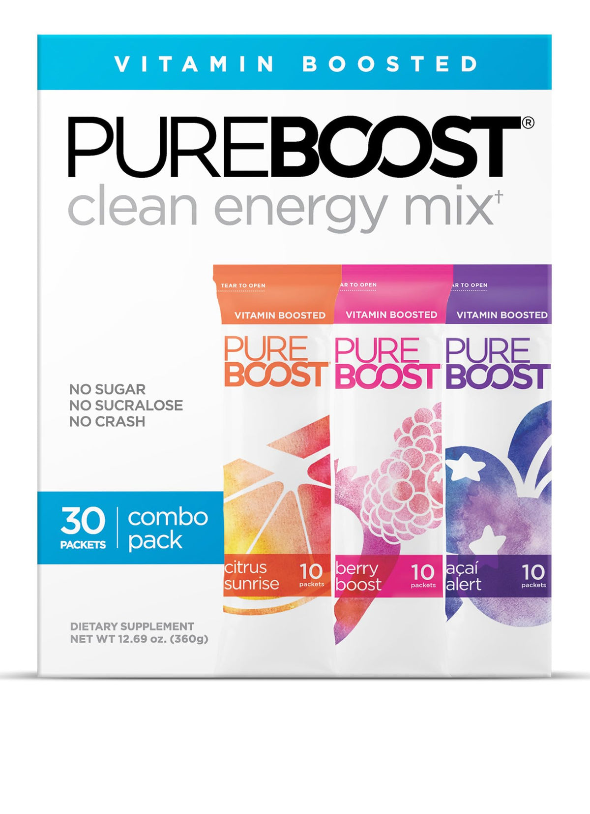 Pureboost sugar-free clean energy combo pack boosts daytime focus.