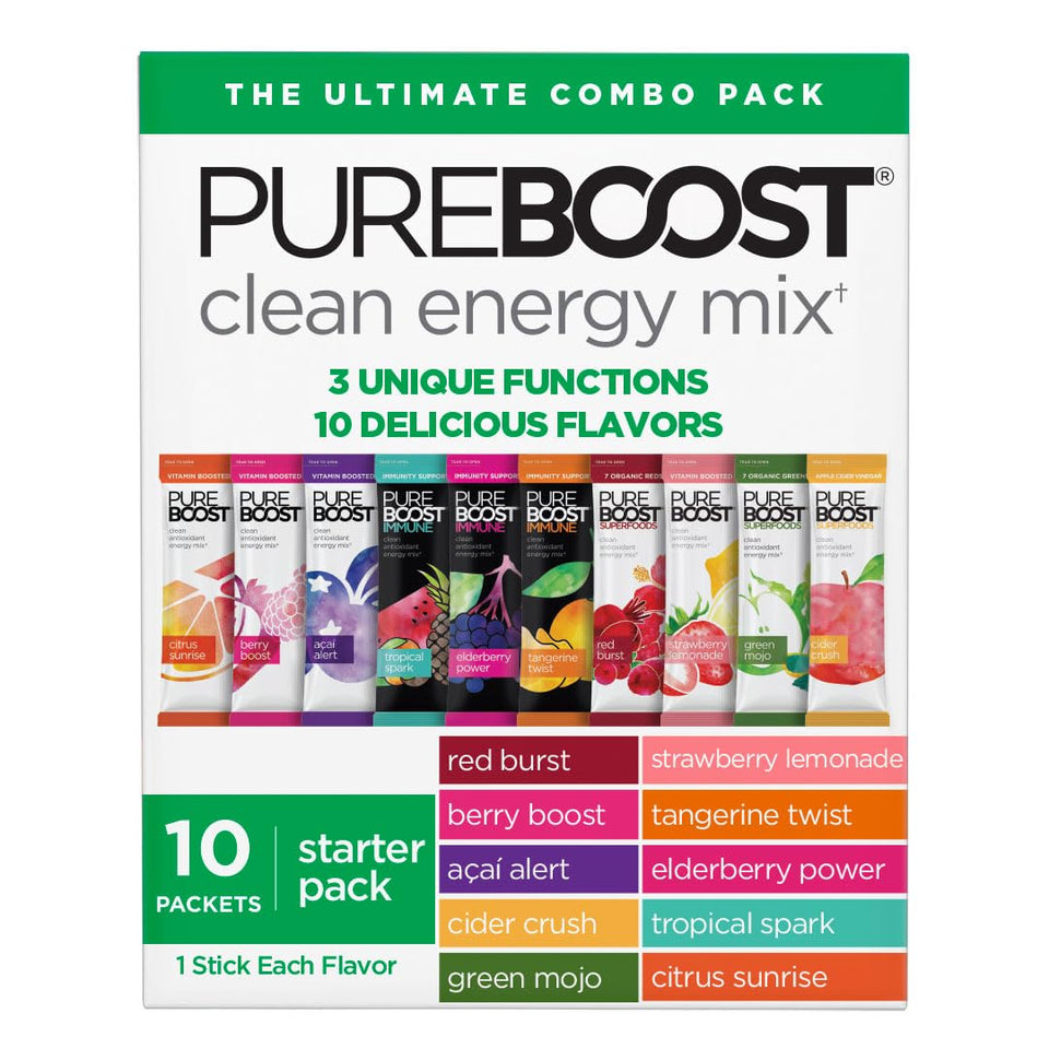 Pureboost sugar-free clean energy immune pack front view boosts focus without jitters.