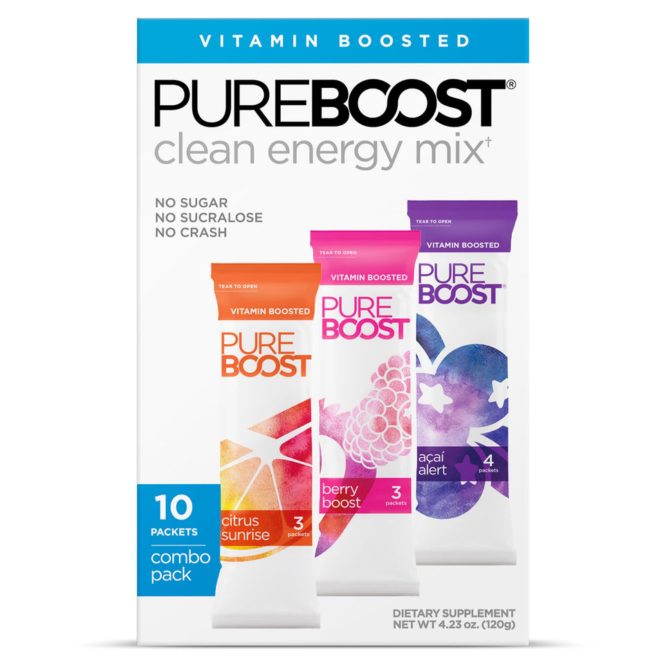 Pureboost sugar-free energy packets dissolve in water for a clean, focused lift