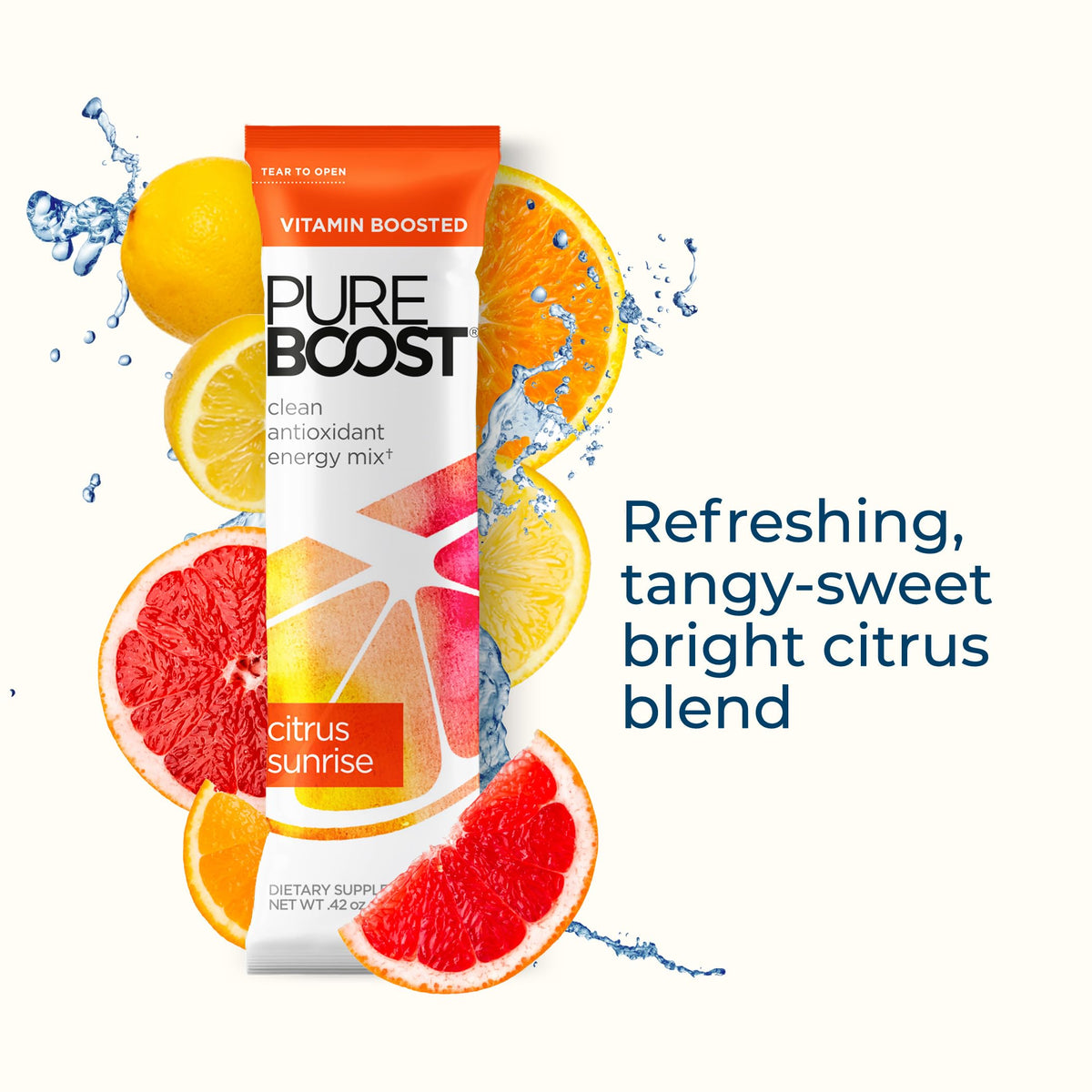 Pureboost Citrus Sunrise packet for quick on-the-go hydration.