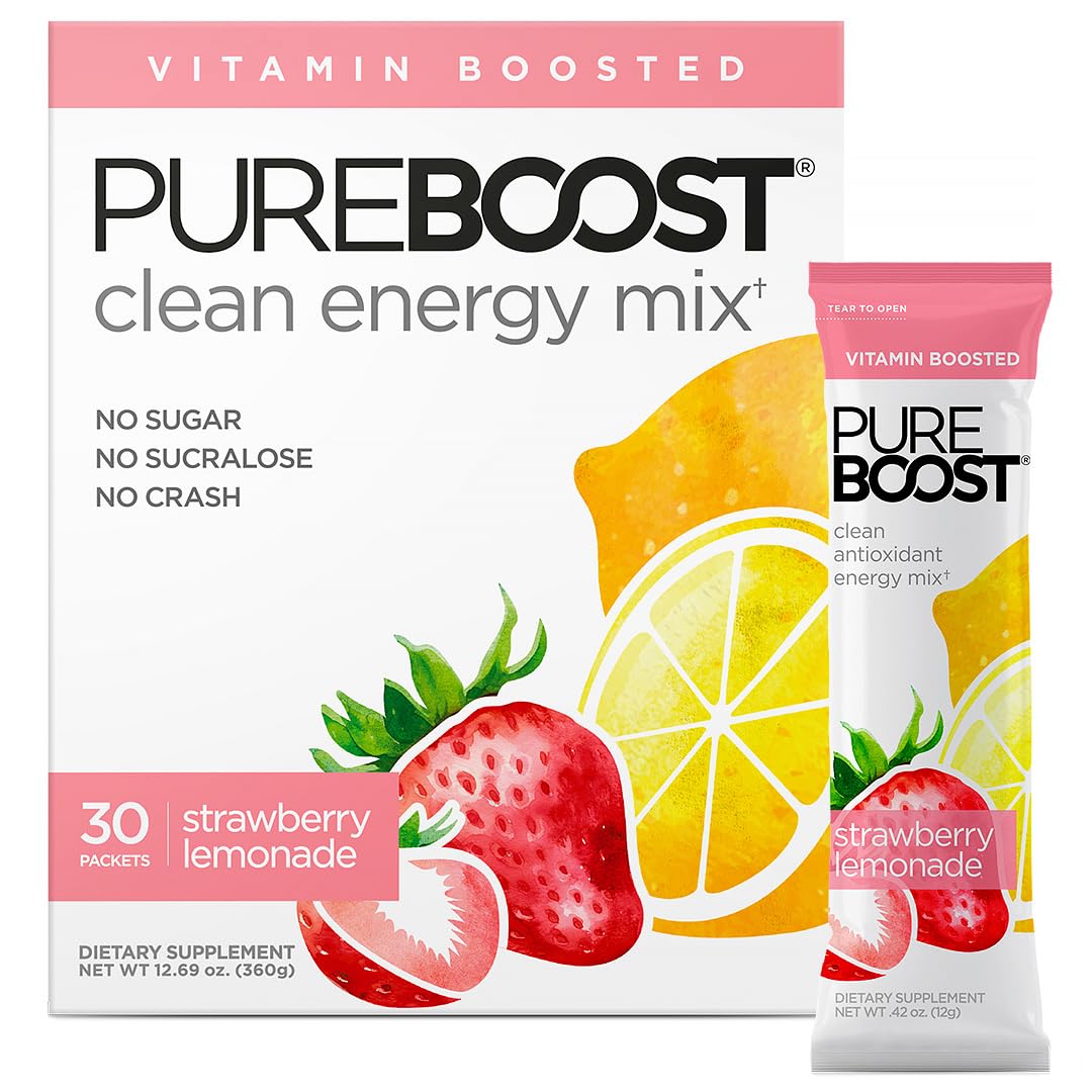 Pureboost sugarfree energy bottle shown with strawberry lemonade for sustained focus and hydration.