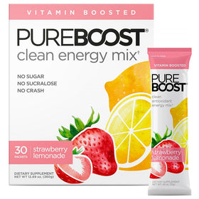 Pureboost sugarfree energy bottle shown with strawberry lemonade for sustained focus and hydration.