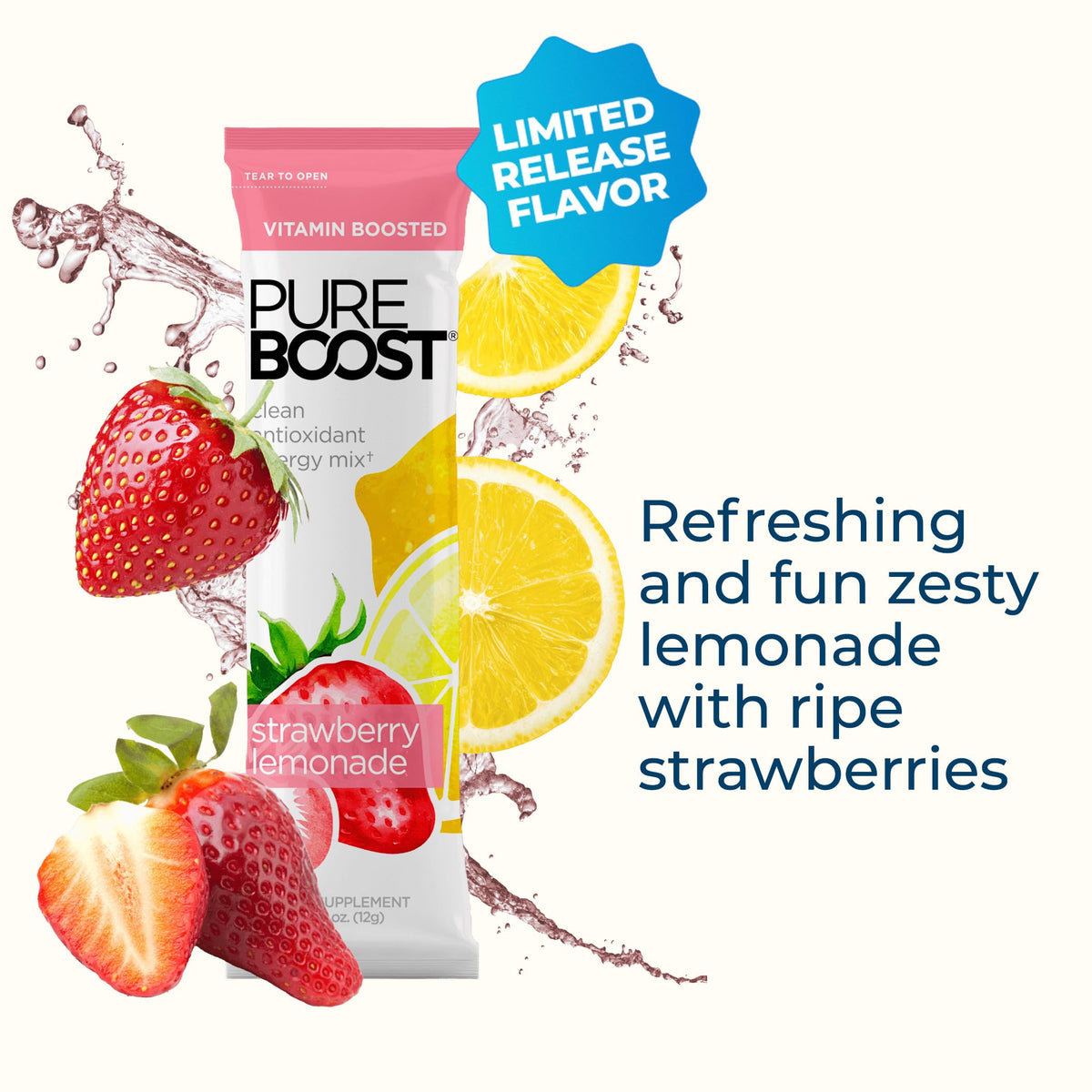 Pureboost packets offer convenient strawberry lemonade energy on the go.