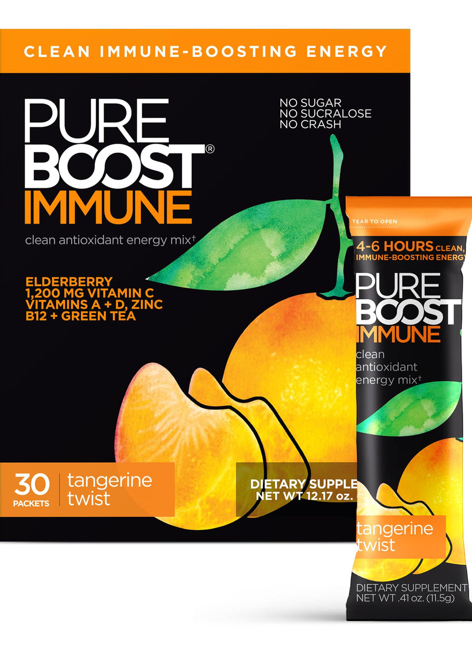 Pureboost Tangerine Twist packet dissolving for a refreshing energy boost