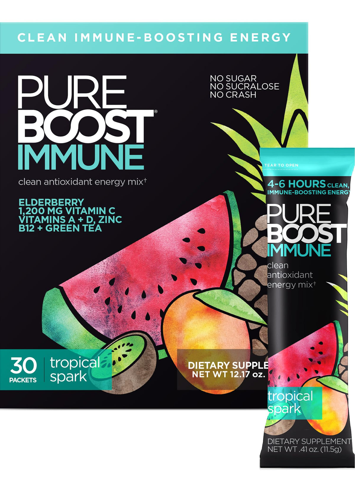 Pureboost Tropical Spark packets on a counter ready for a refreshing energy boost.