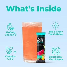 Pureboost Tropical Spark label highlights vitamin C and zinc for daily wellness.