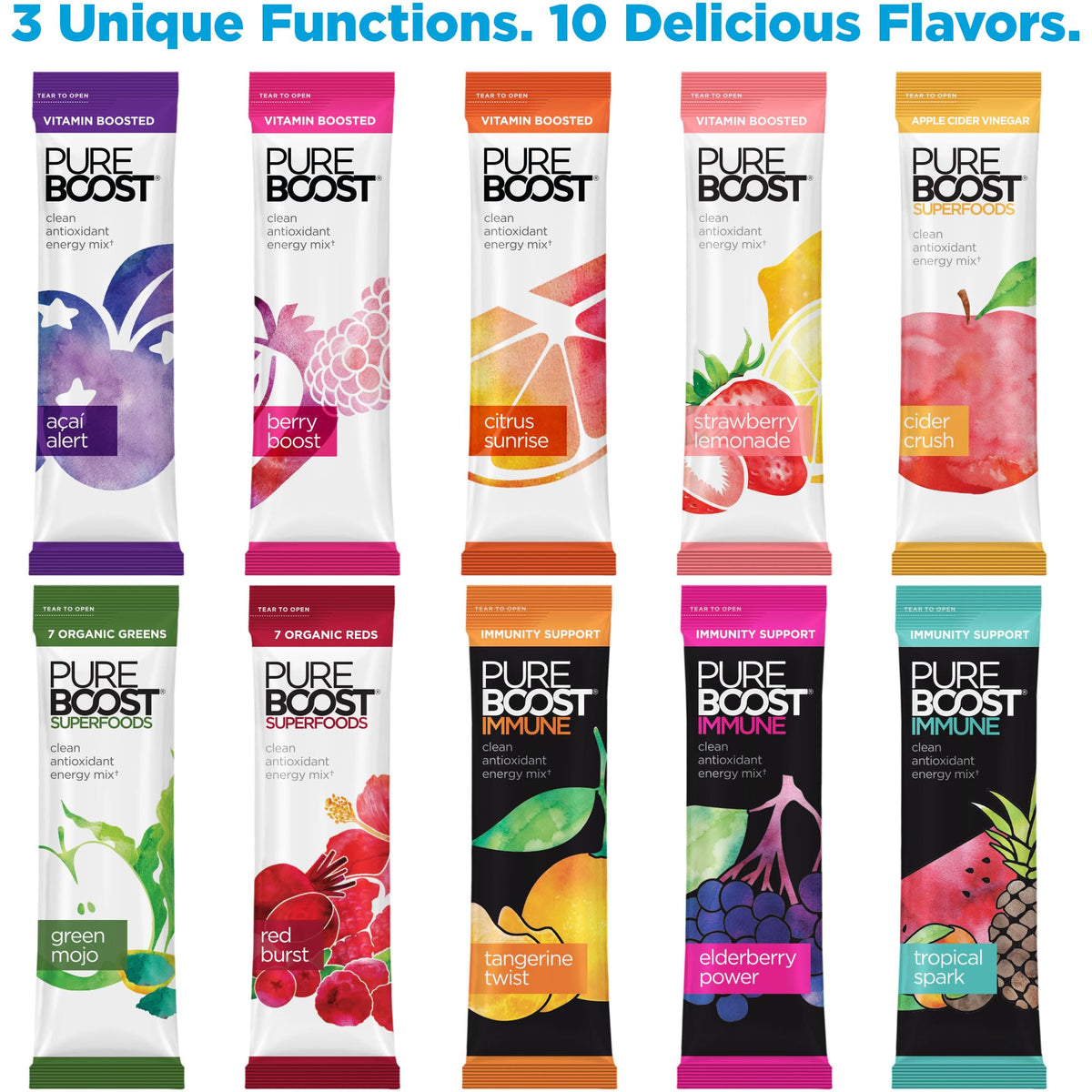 Pureboost variety pack ten flavors collection shows vibrant packets for daily energy.