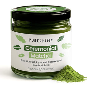 PureChimp ceremonial grade matcha powder in a jar on the counter for daily rituals.