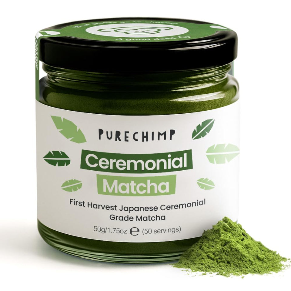 PureChimp ceremonial grade matcha powder in a jar on the counter for daily rituals.
