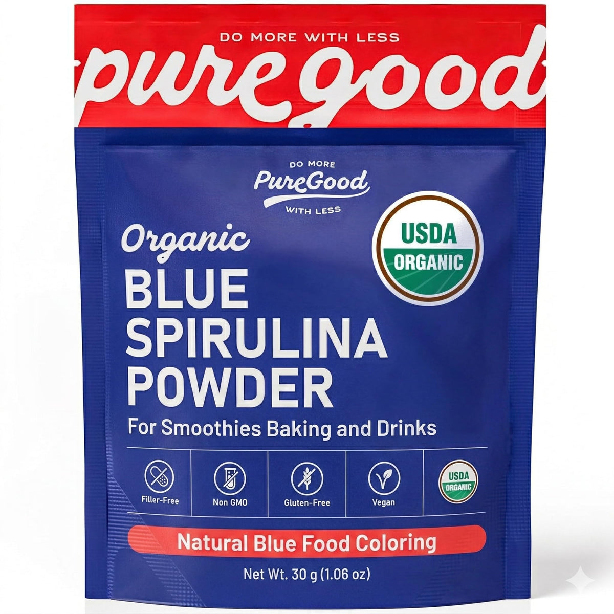 PureGood blue spirulina powder pack closeup showing vibrant color for baking