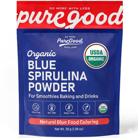 PureGood blue spirulina powder pack closeup showing vibrant color for baking