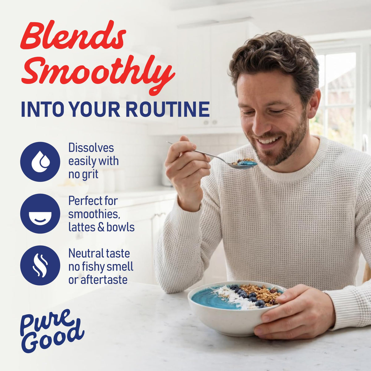PureGood blue spirulina powder on a smoothie bowl for vivid color
