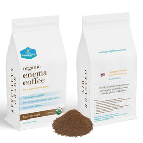 Purelife Enema Coffee light air roast ground in a fresh sealed bag for quick use.