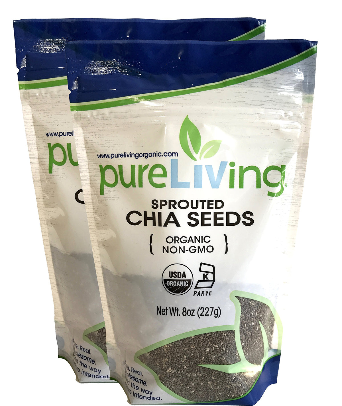 Pure Living chia seeds 2-pack front view; convenient pantry staple for breakfast.