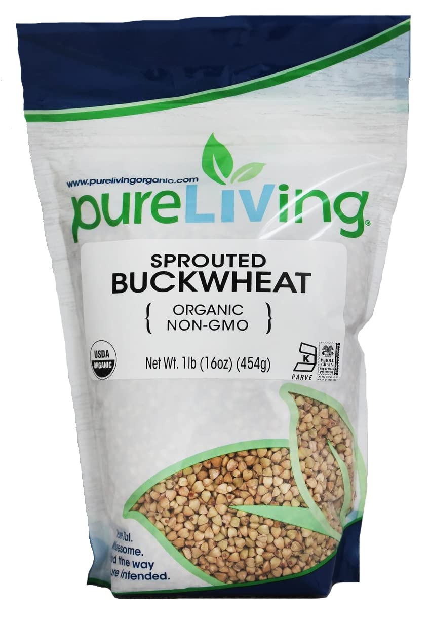 Pureliving sprouted buckwheat in a bag showcasing organic whole grain nutrition for meals.