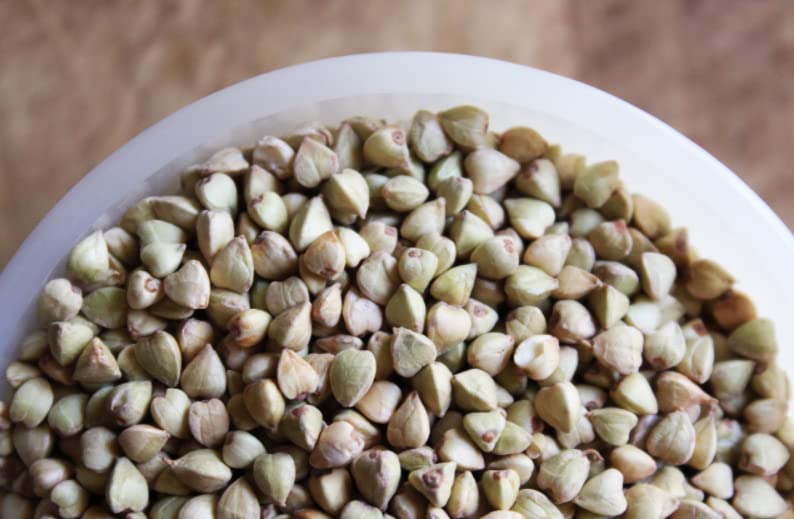 Pureliving sprouted buckwheat seeds close-up, ready to soak for nutrient-rich sprouting.