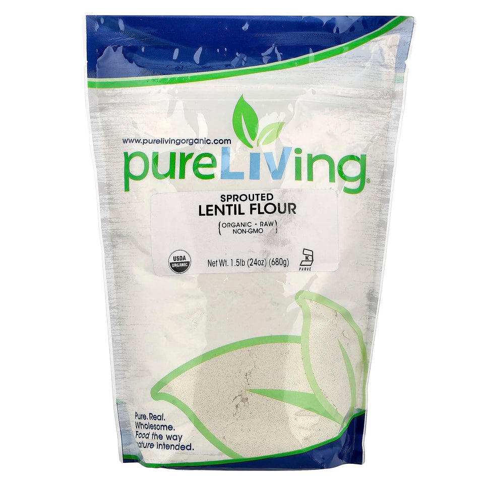 Pure Living Sprouted Lentil Flour 24oz bag ready for nutrient-rich baking