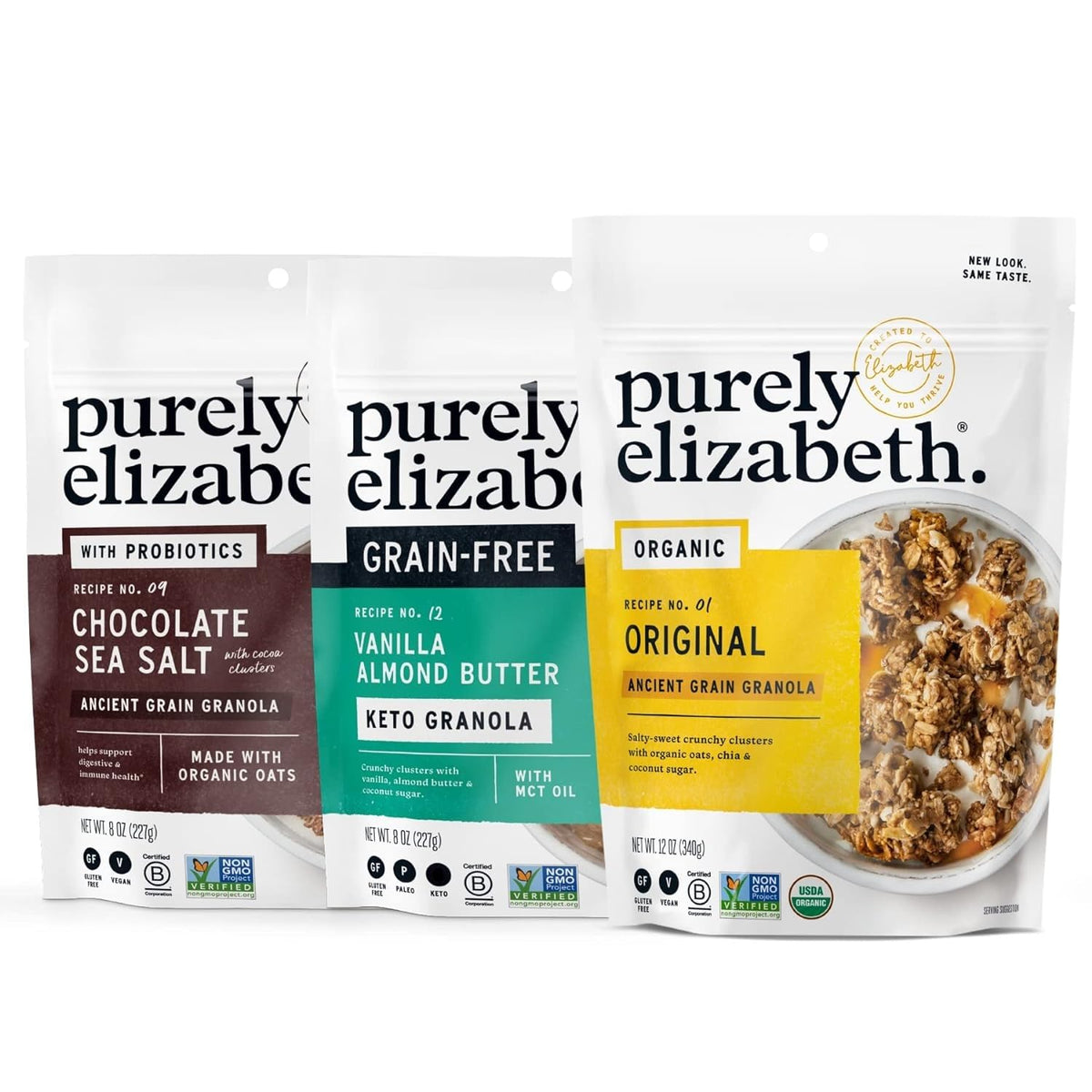 Purely Elizabeth ancient grain granola chocolate sea salt bag shows crunchy clusters