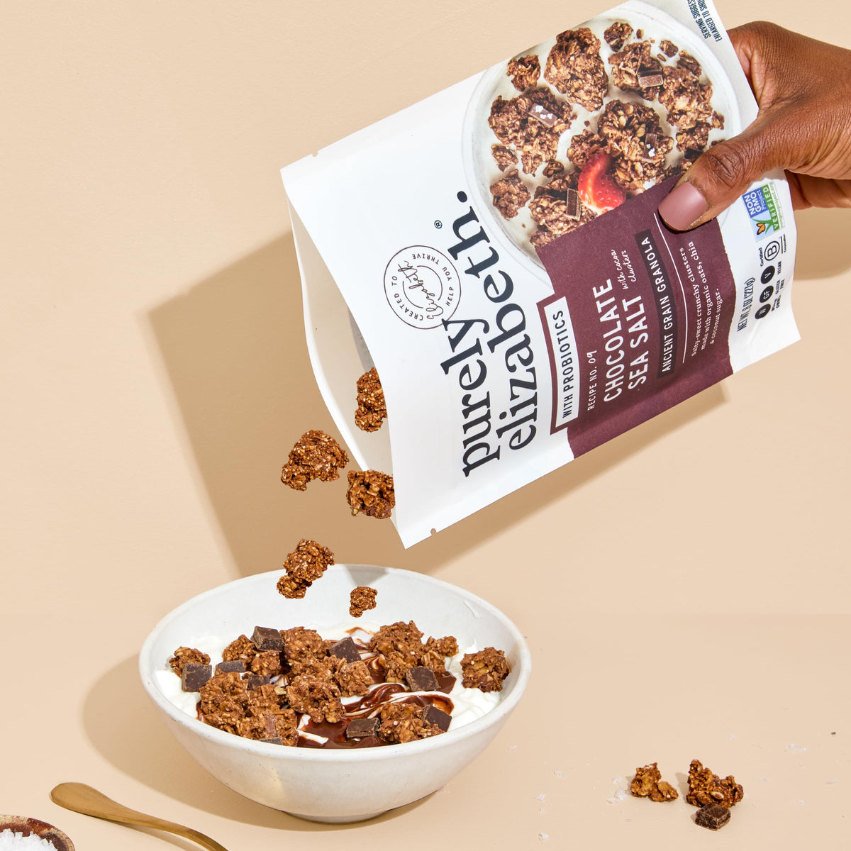 Purely Elizabeth ancient grains scene with quinoa amaranth chia flakes for fiber and protein