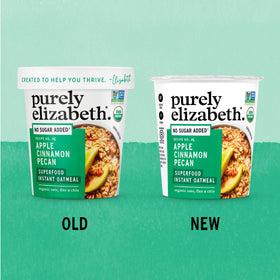 Purely Elizabeth Apple Cinnamon Organic cup close-up conveys comforting breakfast moments.