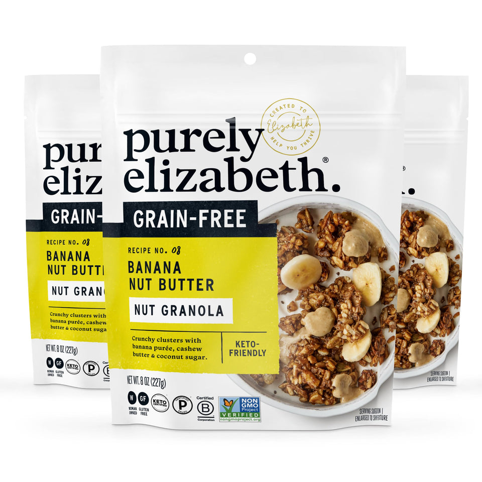 Purely Elizabeth Banana Nut Butter Granola bag showing grain-free clusters for keto-friendly snacking.