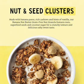 Close-up of Purely Elizabeth granola highlighting creamy cashew butter and banana notes.