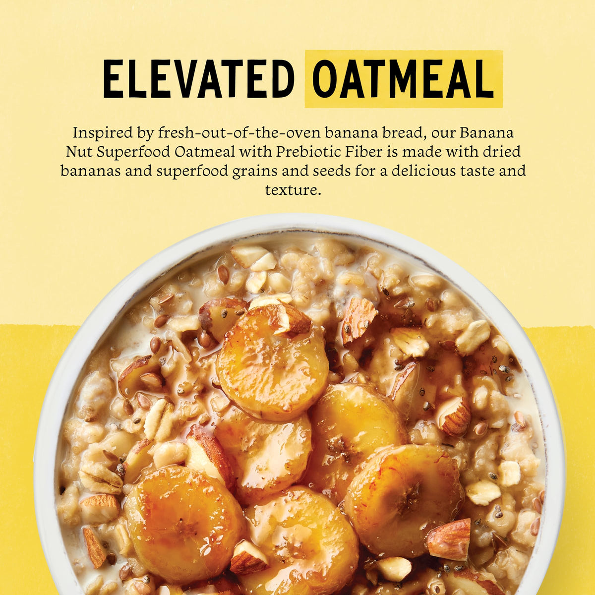 Serving cup of Purely Elizabeth Banana Nut oatmeal ready to prepare.