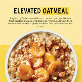 Serving cup of Purely Elizabeth Banana Nut oatmeal ready to prepare.